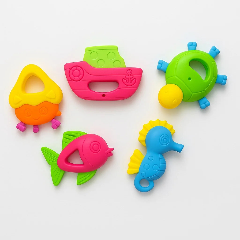 Pack of 5 colorful baby teether rattles with fish, turtle, seahorse, ship and crab designs