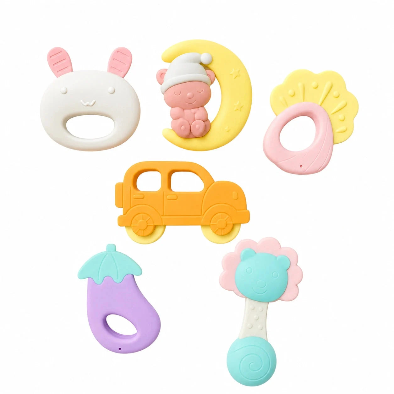 Pack of 6 multicolor soft silicone baby rattle teethers with gentle chan chan sound for babies 3+ months