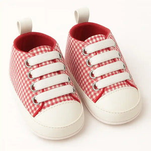 Red and white baby soft sole sneakers with elastic laces