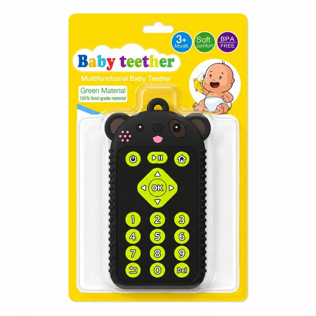 Black remote control shape baby teether with panda design – 3+ months