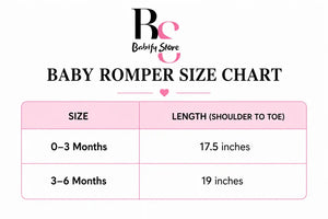 Baby romper size chart 0-3 and 3-6 months with shoulder to toe length - Babify Store