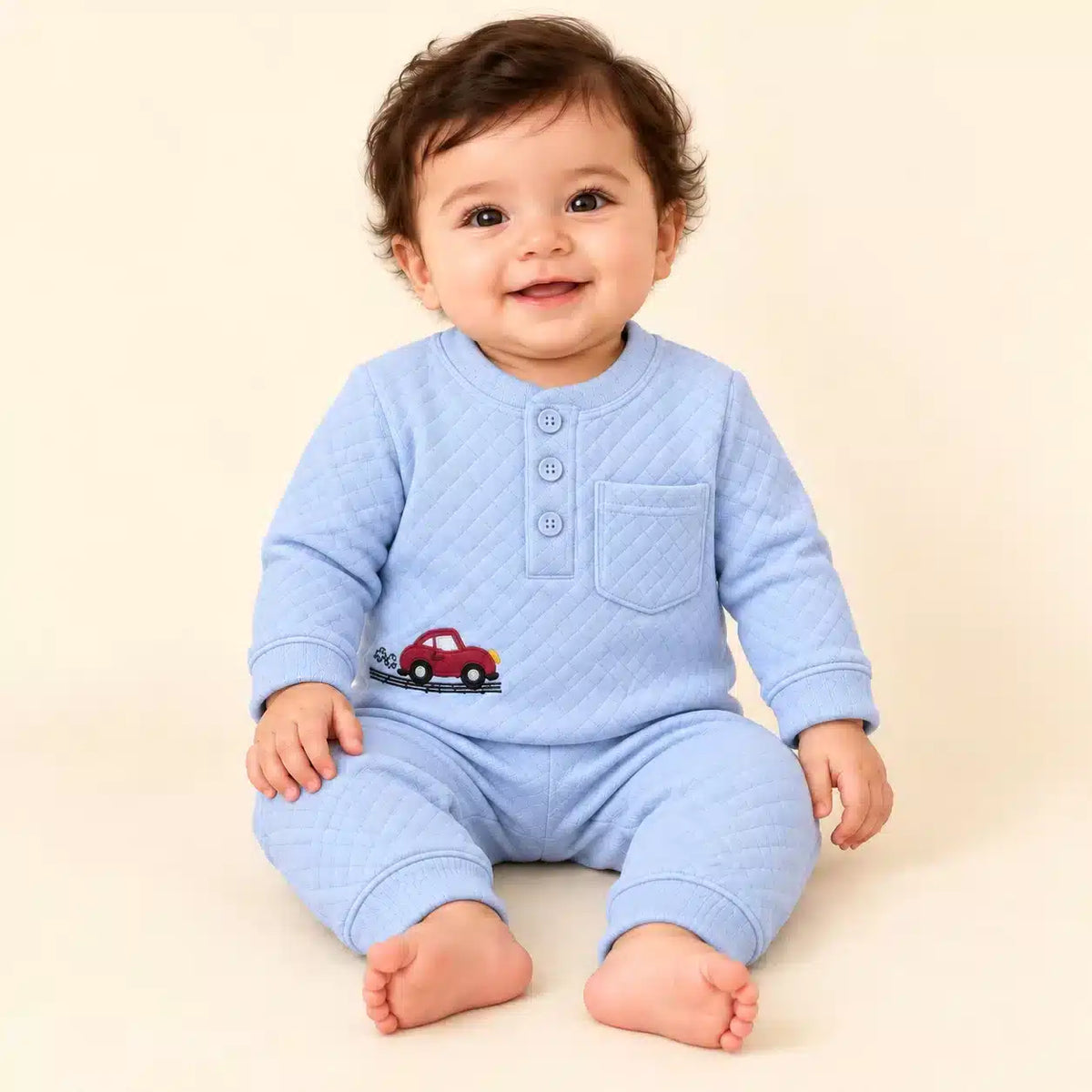 Baby Wearing Light Blue Textured Jacquard Knit Winter Shirt and Pajama Set with Red Car Design
