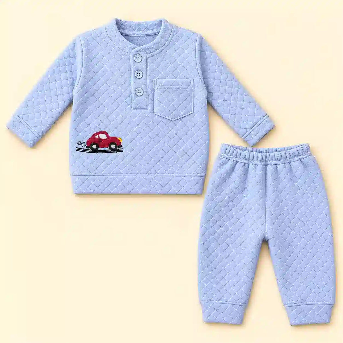 Light Blue Baby Winter Shirt and Pajama Set in Textured Jacquard Knit Fabric with Red Car Embroidery
