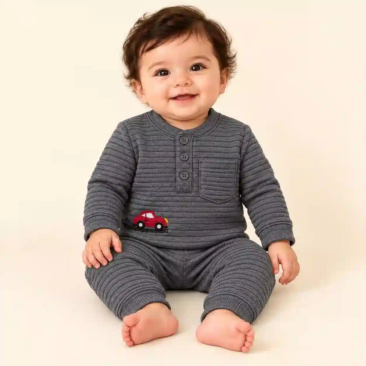 Baby Wearing Dark Grey Textured Jacquard Knit Winter Shirt and Pajama Set with Red Car Design