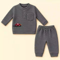 Dark Grey Baby Winter Shirt and Pajama Set in Textured Jacquard Knit Fabric with Red Car Embroidery