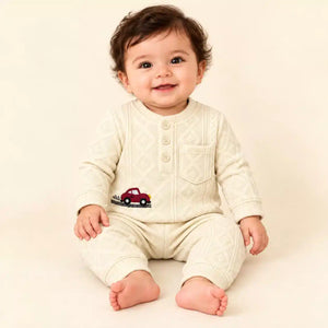 Baby Wearing Cream Textured Jacquard Knit Winter Shirt and Pajama Set with Red Car Design