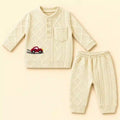 Cream Baby Winter Shirt and Pajama Set in Textured Jacquard Knit Fabric with Red Car Embroidery