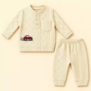 Cream Baby Winter Shirt and Pajama Set in Textured Jacquard Knit Fabric with Red Car Embroidery