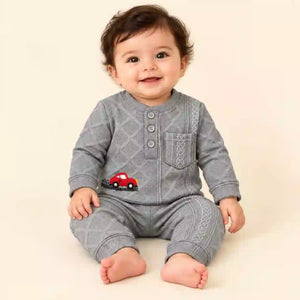 Baby Wearing Grey Textured Jacquard Knit Winter Shirt and Pajama Set with Red Car Design