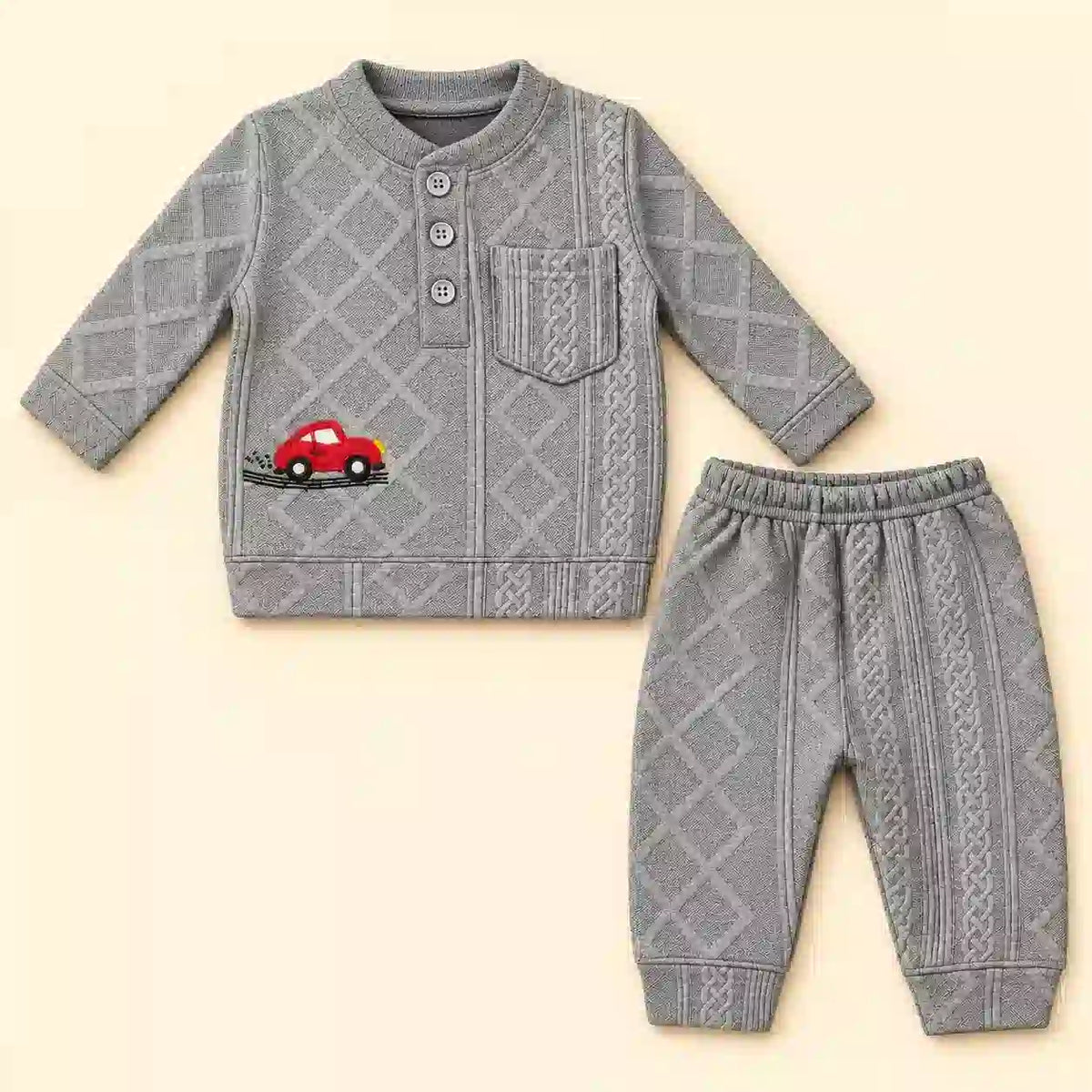 Grey Baby Winter Shirt and Pajama Set in Textured Jacquard Knit Fabric with Red Car Embroidery