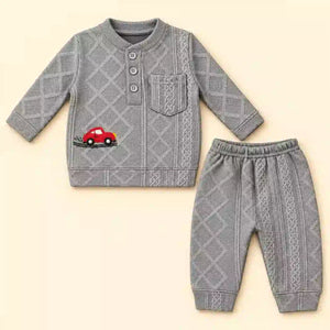 Grey Baby Winter Shirt and Pajama Set in Textured Jacquard Knit Fabric with Red Car Embroidery