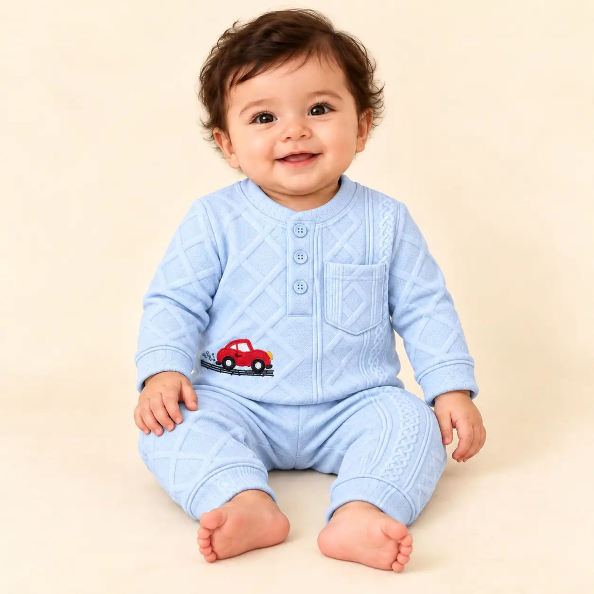 Baby Wearing Sky Blue Textured Jacquard Knit Winter Shirt and Pajama Set with Red Car Design