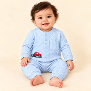 Baby Wearing Sky Blue Textured Jacquard Knit Winter Shirt and Pajama Set with Red Car Design