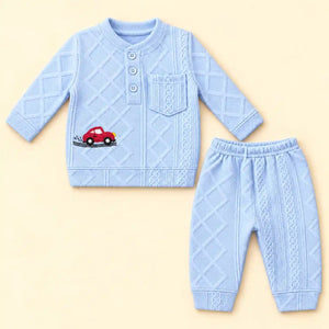Sky Blue Baby Winter Shirt and Pajama Set in Textured Jacquard Knit Fabric with Red Car Embroidery