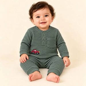 Baby Wearing Sage Green Textured Jacquard Knit Winter Shirt and Pajama Set with Red Car Design