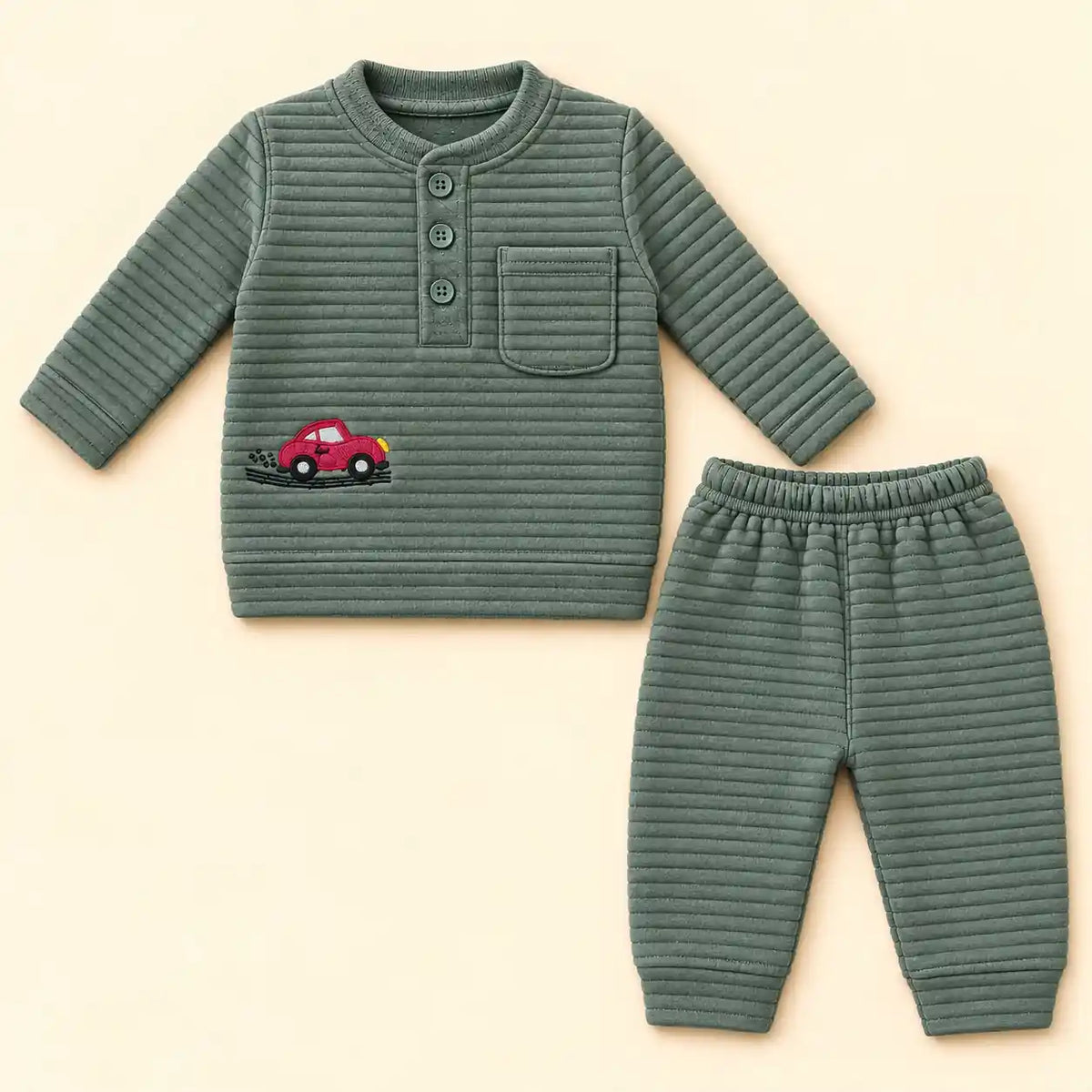 Sage Green Baby Winter Shirt and Pajama Set in Textured Jacquard Knit Fabric with Red Car Embroidery