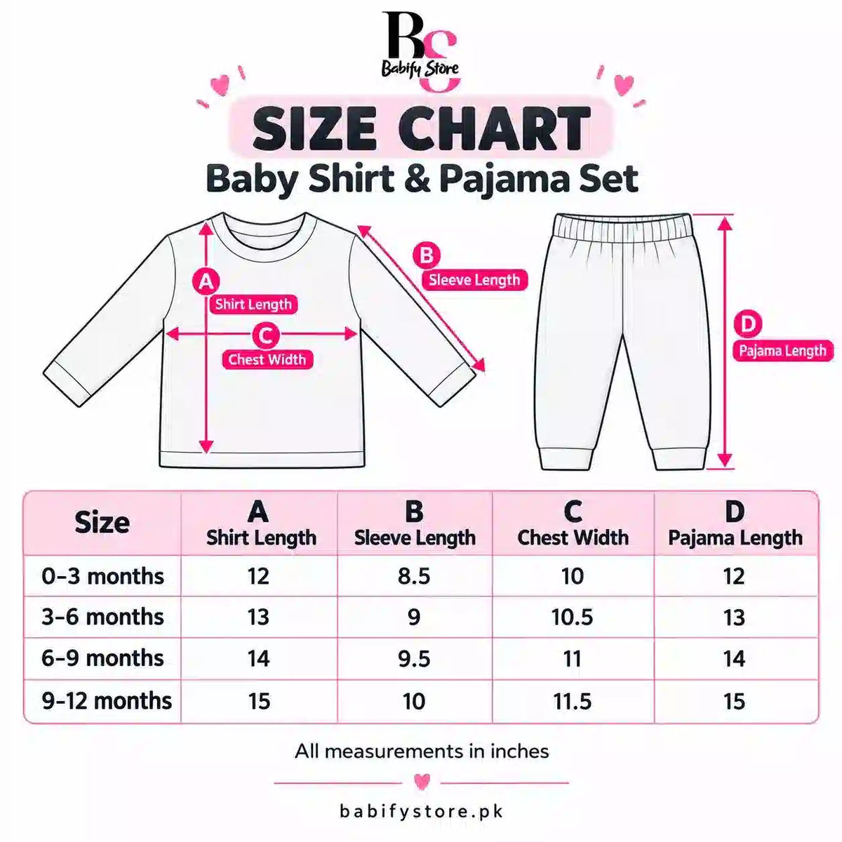 Baby Winter Shirt and Pajama Set Size Chart for 0-3, 3-6, 6-9 and 9-12 Months with Measurements in Inches