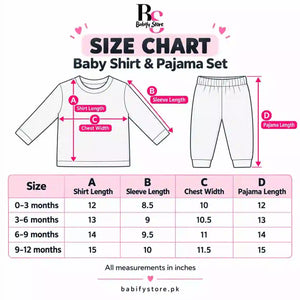 Baby Winter Shirt and Pajama Set Size Chart for 0-3, 3-6, 6-9 and 9-12 Months with Measurements in Inches