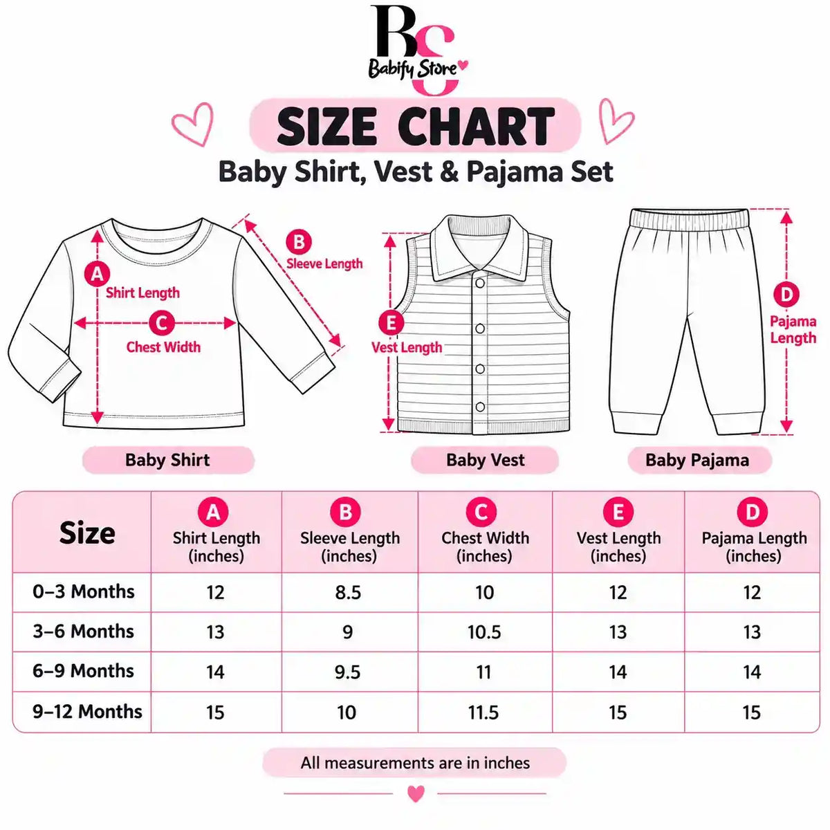 Baby Boys 3 Piece Winter Suit Size Chart with Shirt, Vest and Pajama Measurements in Inches