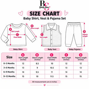 Baby Boys 3 Piece Winter Suit Size Chart with Shirt, Vest and Pajama Measurements in Inches