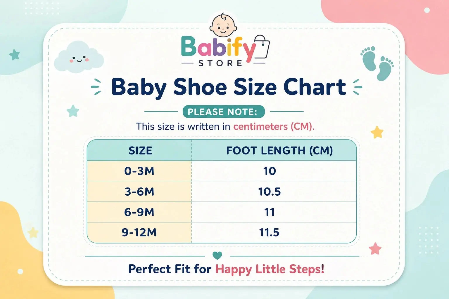 Baby shoe size chart for grey soft sole shoes from 0 to 12 months