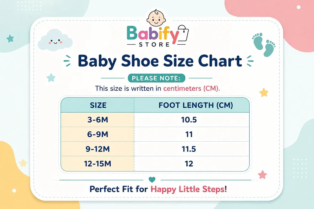 Baby girls gold prewalker shoe size chart for 3–15 months with foot length in centimeters