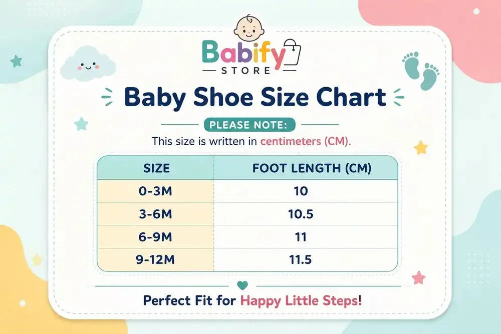 Baby shoes size chart for 0–12 months with 10 to 11.5 cm foot length