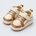 Brown and Cream Baby Boys Prewalker Sneakers with Strap, Decorative Laces and Side Stripe Angle View