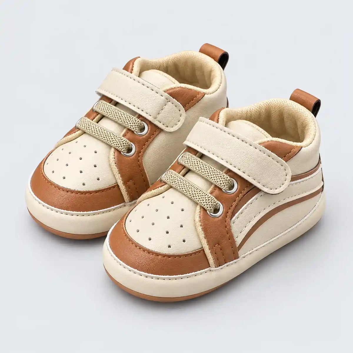 Brown and Cream Baby Boys Prewalker Sneakers with Strap, Decorative Laces and Side Stripe Angle View