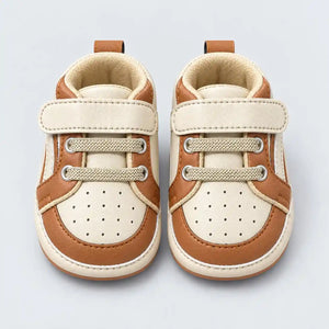 Brown and Cream Baby Boy Casual Prewalker Shoes with Perforated Toe and Strap Fastening Front View