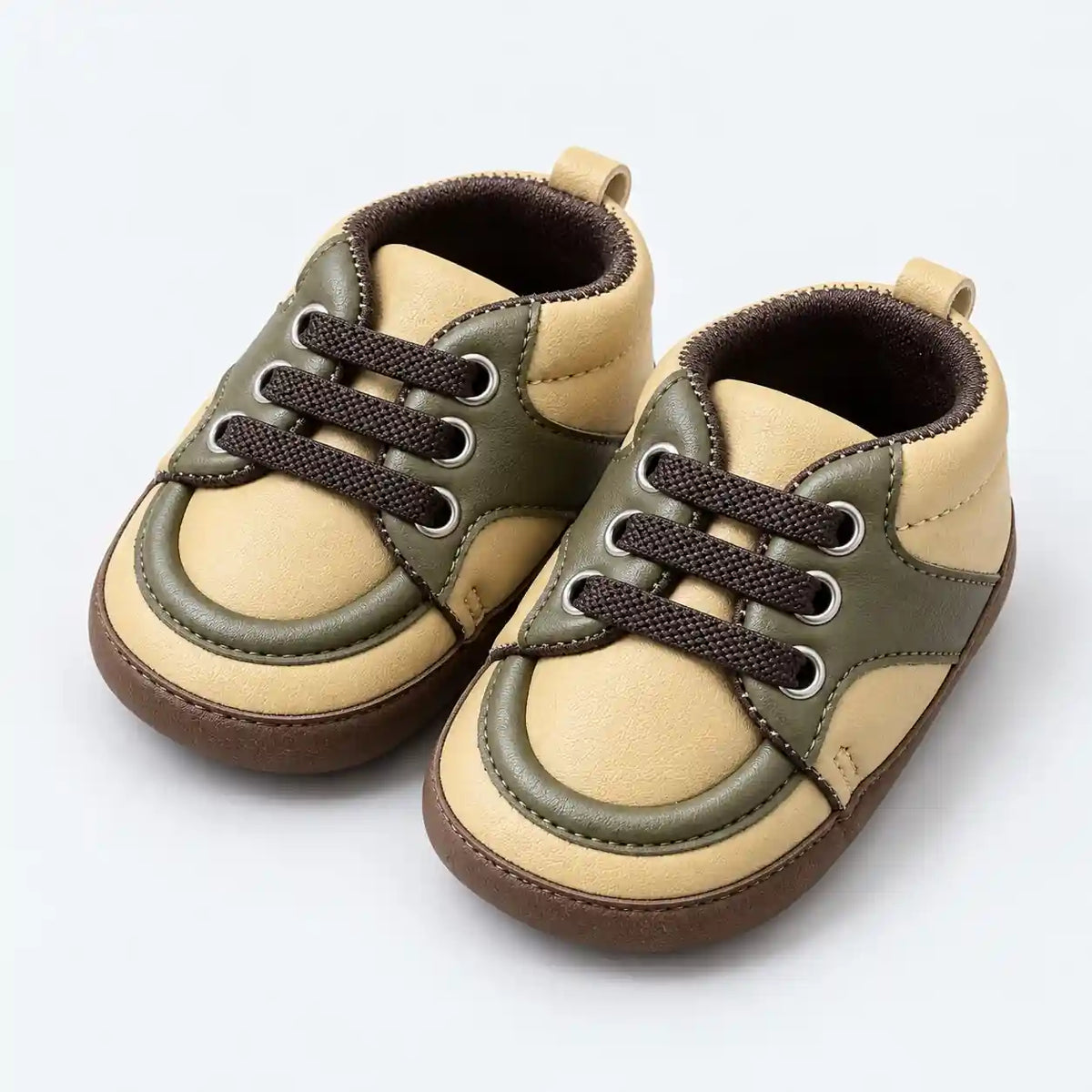 Baby Boys Beige and Olive Green Lace-Up Prewalker Shoes Three Quarter View in Pakistan