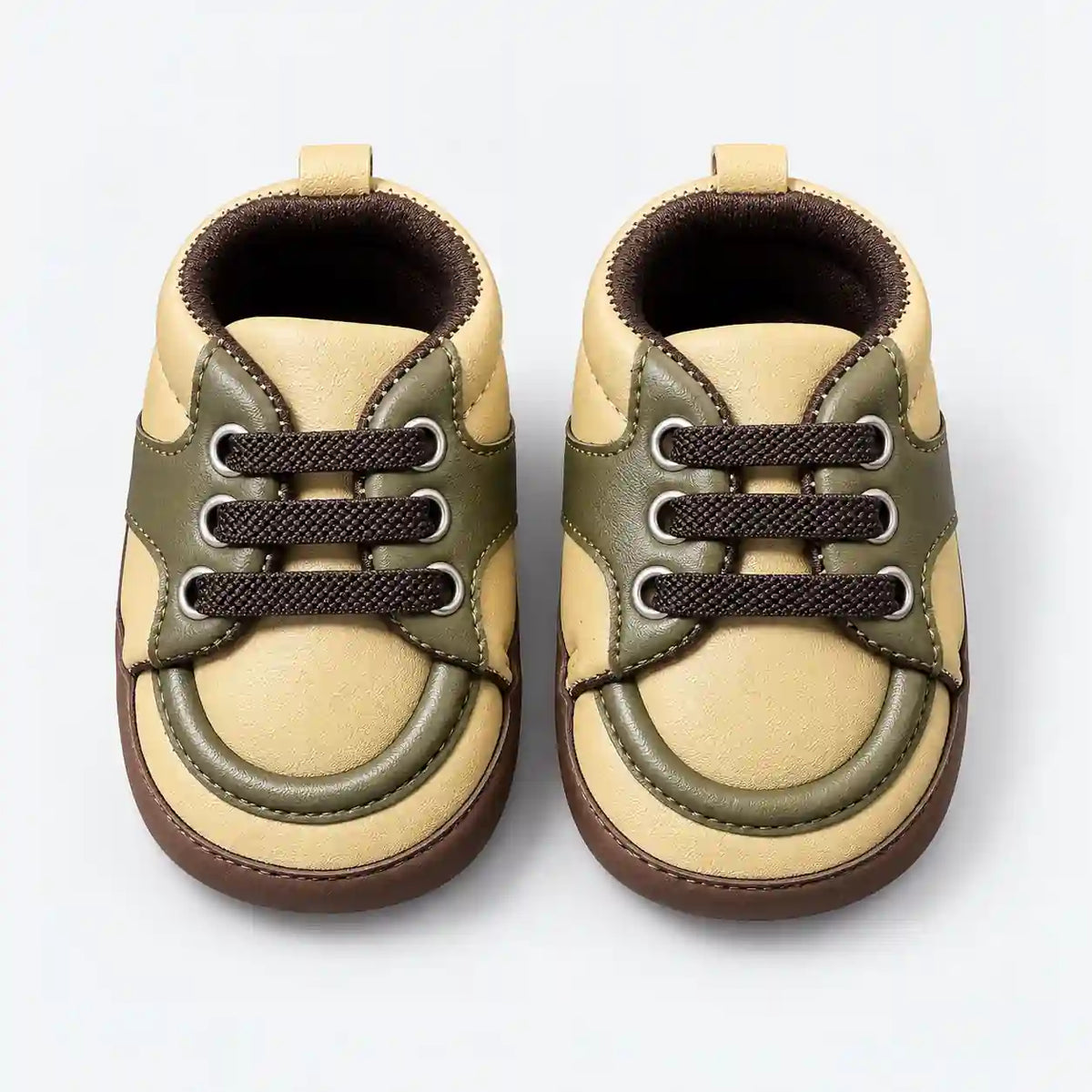 Beige and Olive Green Baby Boy Prewalker Shoes with Brown Laces Front View in Pakistan