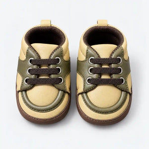 Beige and Olive Green Baby Boy Prewalker Shoes with Brown Laces Front View in Pakistan