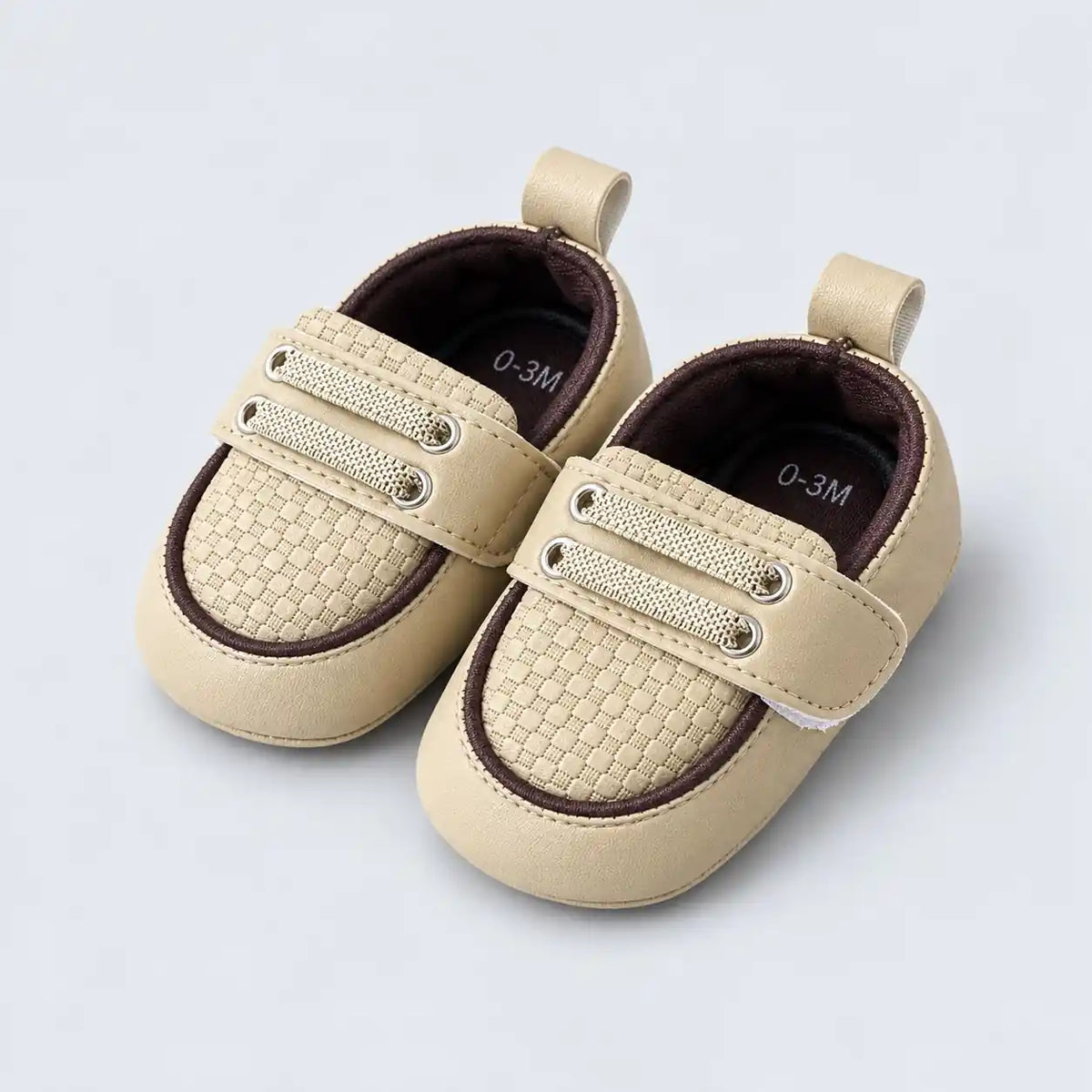 Cream and Brown Baby Boys Prewalker Shoes with Textured Toe and Decorative Laces Angle View
