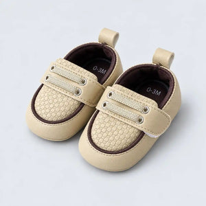 Cream and Brown Baby Boys Prewalker Shoes with Textured Toe and Decorative Laces Angle View