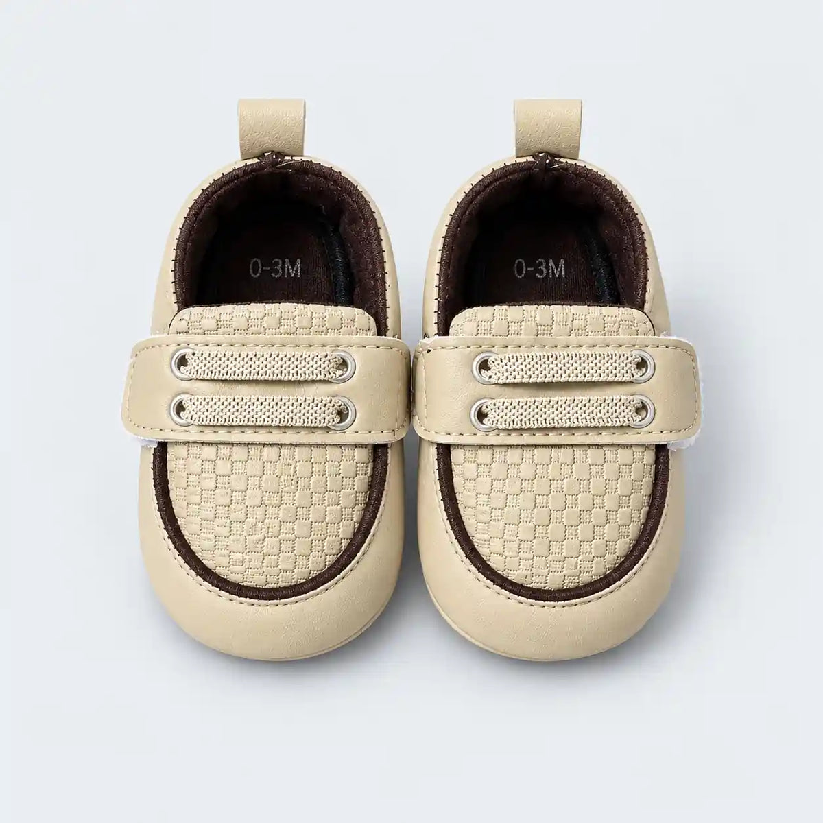 Baby Boy Cream and Brown Prewalker Shoes with Fastening Strap and Padded Collar Front View