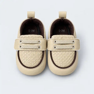 Baby Boy Cream and Brown Prewalker Shoes with Fastening Strap and Padded Collar Front View