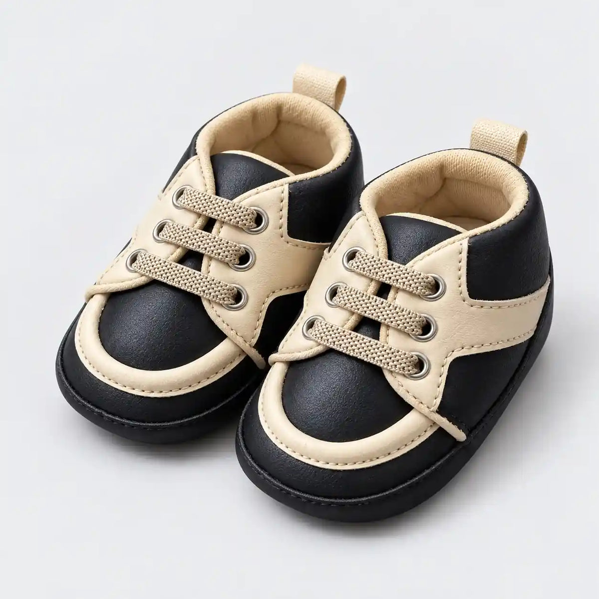 Baby Boys Black and Cream Lace-Up Prewalker Shoes Three Quarter Angle View in Pakistan