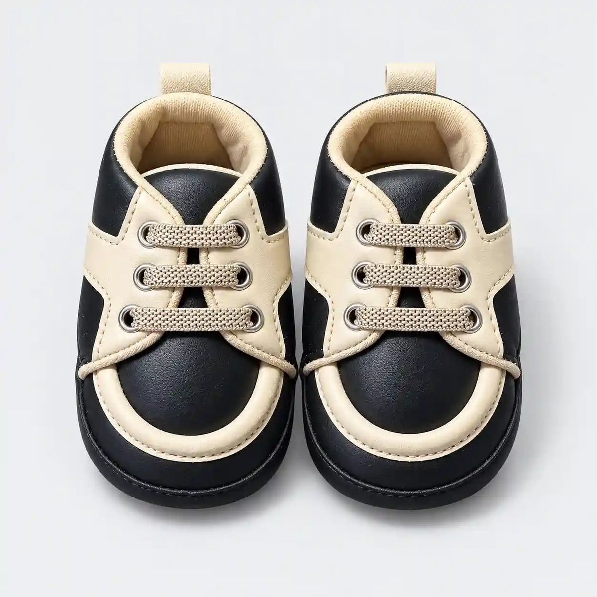 Black and Cream Baby Boy Prewalker Shoes with Decorative Laces Front View in Pakistan