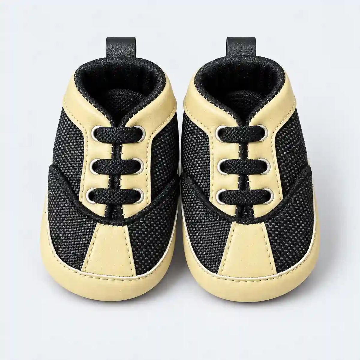 Black and Cream Baby Boy Prewalker Shoes with Decorative Laces and Padded Collar Front View
