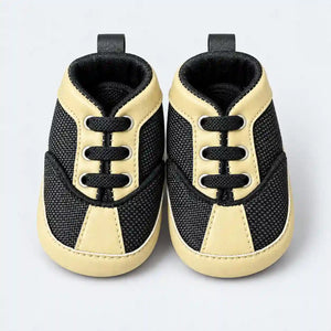 Black and Cream Baby Boy Prewalker Shoes with Decorative Laces and Padded Collar Front View
