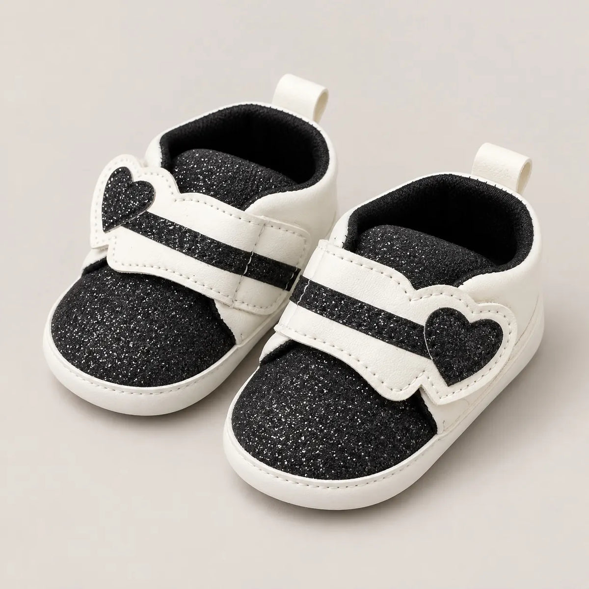 Black Glitter Heart Strap Baby Shoes White and Black Prewalker Sneakers Side Angle View