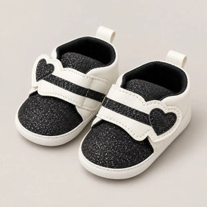 Black Glitter Heart Strap Baby Shoes White and Black Prewalker Sneakers Side Angle View