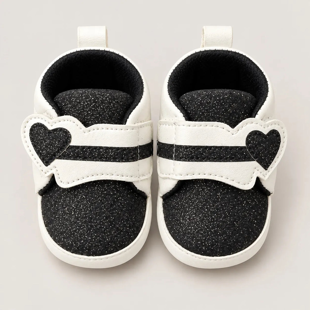 Black Glitter Heart Strap Baby Shoes White and Black Prewalker Sneakers Front View