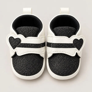 Black Glitter Heart Strap Baby Shoes White and Black Prewalker Sneakers Front View