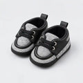 Black and White Baby Boys Prewalker Shoes with Woven Checkerboard Design Three Quarter View in Pakistan