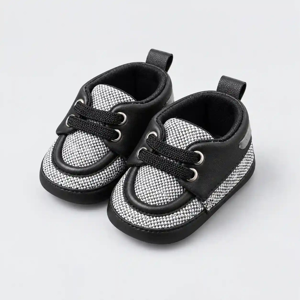 Black and White Baby Boys Prewalker Shoes with Woven Checkerboard Design Three Quarter View in Pakistan