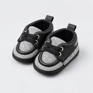 Black and White Baby Boys Prewalker Shoes with Woven Checkerboard Design Three Quarter View in Pakistan