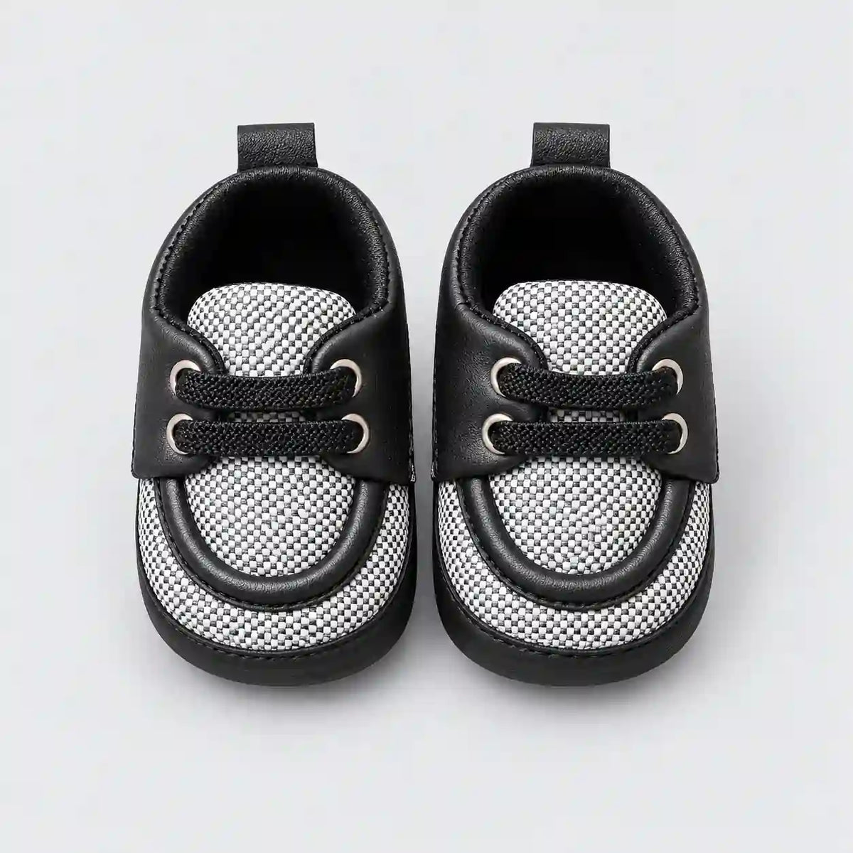Baby Boy Black and White Lace-Up Prewalker Shoes with Textured Fabric Front View in Pakistan