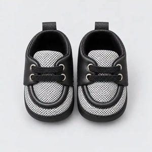 Baby Boy Black and White Lace-Up Prewalker Shoes with Textured Fabric Front View in Pakistan